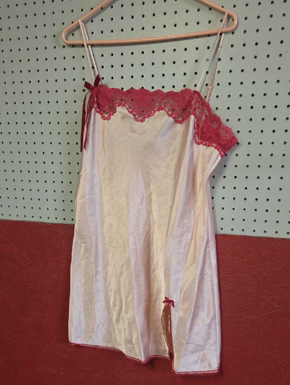 Victoria's Secret Peach Satin Slip with Pink Lace Trim